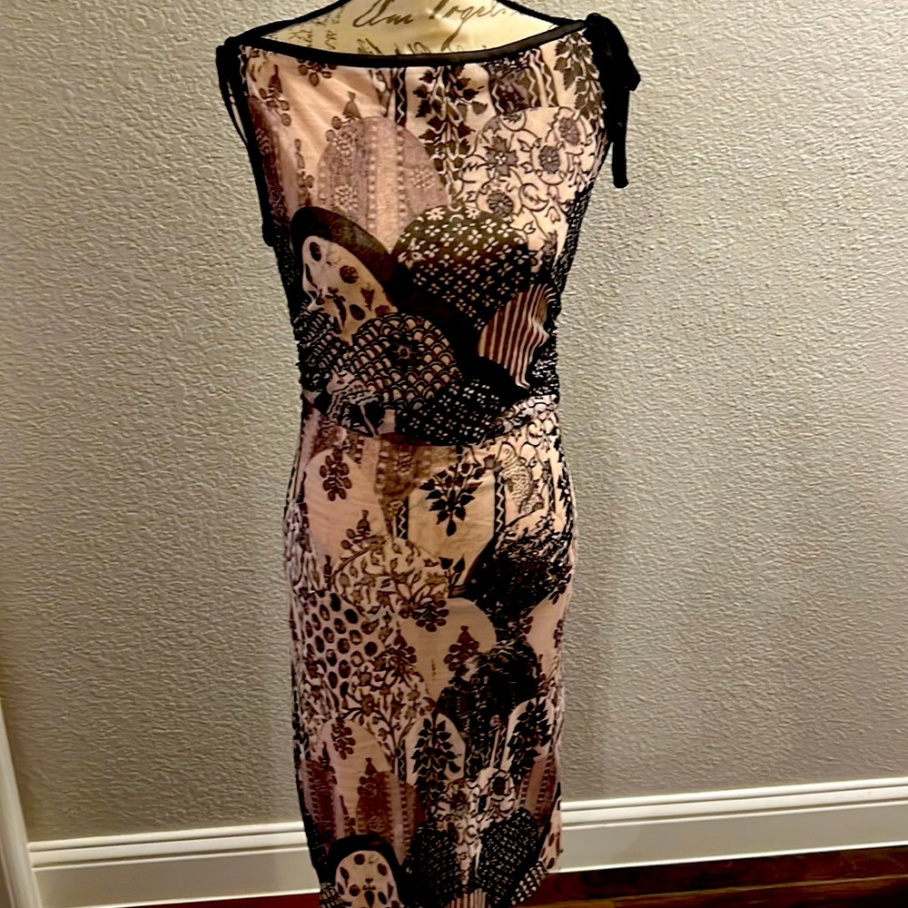 Unger Pale Pink & Black Print Dress Sz L